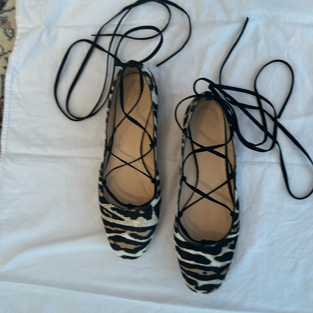 J Crew real calf hair lace up Ballet flats